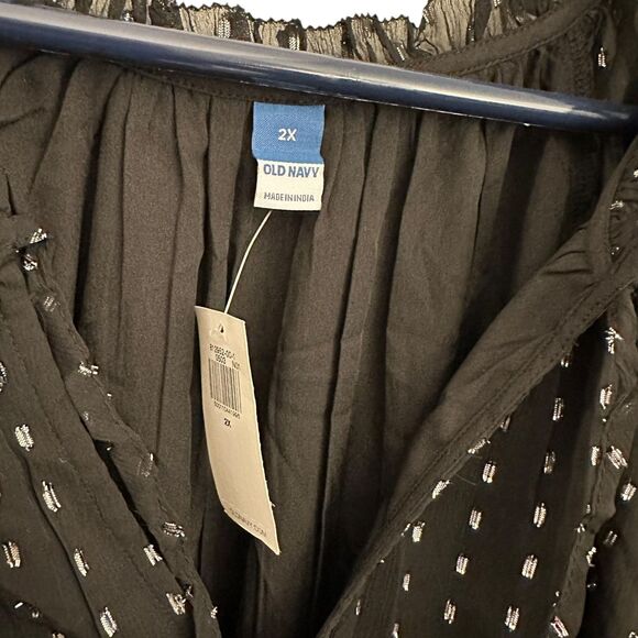Old Navy Black and Silver V-Neck Ruffled Midi Dress Balloon Sleeves 2X NWT - Picture 6 of 7